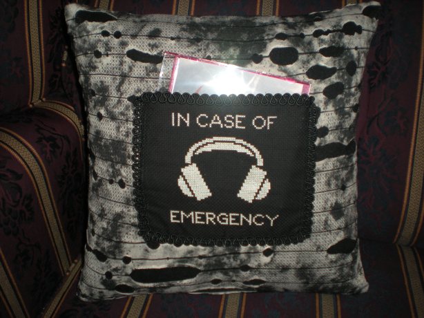 Fallout pillow with cross stitch cd pocket